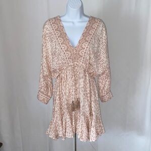 O’Neill Boho Drawstring Waist Mini Dress Beige Print Tassel Tie Women’s Small